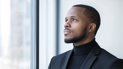 Contemplative businessman wearing black turtleneck and suit jacket looking pensively through expansive window in modern corporate setting