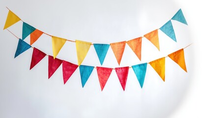 Obraz premium Colorful Party Flags: Vibrant, hand-painted flags, each a unique blend of watercolor hues, adorn a festive garland, suspended against the backdrop. This charming display evokes a sense of joy.