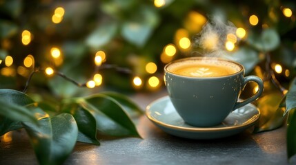A warm cup of coffee with latte art, steam, and cozy bokeh lights. 