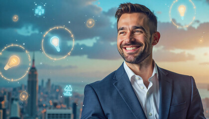 A portrait headshot photo of a friendly professional CEO executive business worker: A smiling businessman confidently gazes forward amidst a futuristic cityscape filled with glowing lightbulb ico