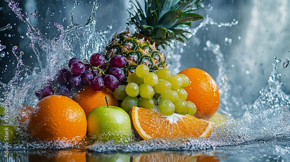 Aufkleber assorted fruits pineapple grapes oranges and apple with water splashing around them on a reflective 
