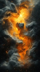 Cosmic clouds glowing with fiery hues in a vibrant nebula against the dark backdrop of space