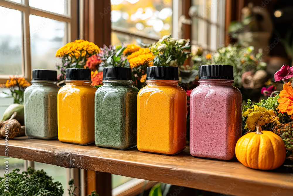 Poster row of colorful jars of food sit on a shelf next to a vase of flowers. the jars are labeled with dif