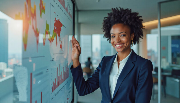 A portrait headshot photo of a friendly professional CEO executive business worker: A smiling Black businesswoman in a navy suit confidently presents data visualizations on a large interactive sc