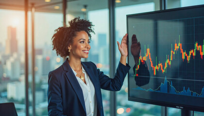 A portrait headshot photo of a friendly professional CEO executive business worker: A smiling businesswoman with curly hair presents a financial chart displaying rising market trends in a modern 