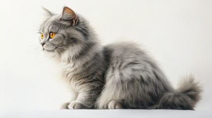 Fototapeta premium Striking oil painting of a gray cat with piercing yellow eyes, poised on a clean white surface. Elegant and detailed