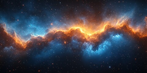 Vibrant cosmic nebula with hues of blue and orange swirling in deep space at the edge of a galaxy