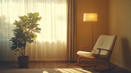 An empty corner in a modern minimalist home with a clean-lined chair, a tall lamp, and soft light filtering through a window 
