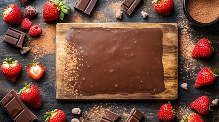 Flat lay of an empty cutting board surrounded by cocoa powder, melted chocolate, and fresh strawberries