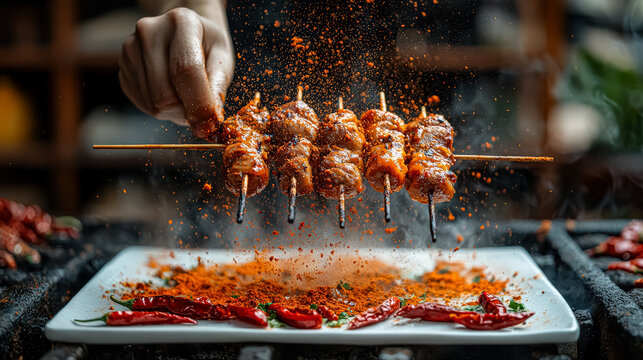 Person is cooking food on a grill with a lot of spice. The food is skewered and the spices are falling onto the plate