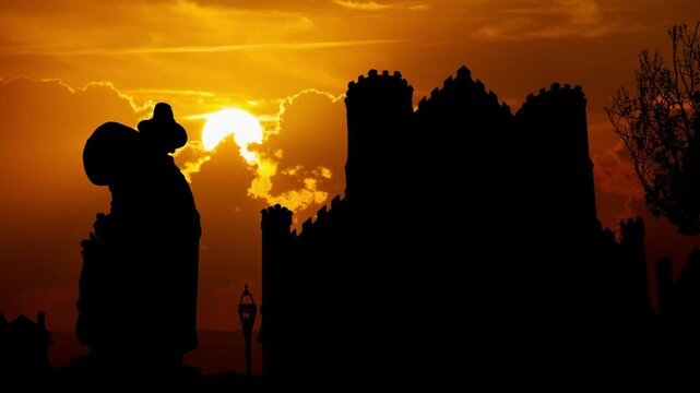 Massachusetts: Salem Witch Museum at Sunset, Time Lapse with Red Sun and Fiery Sky, USA