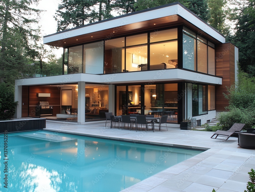 Poster modern architectural marvel with a serene pool reflecting the sky in a luxury home surrounded by lus