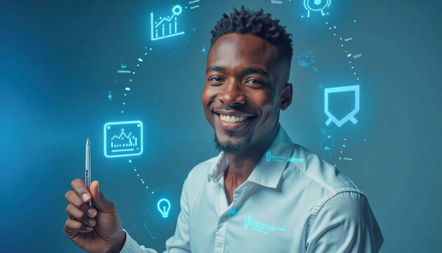 A portrait headshot photo of a friendly professional CEO executive business worker: A smiling young Black man in a white shirt confidently holds a pen while surrounded by glowing digital icons re