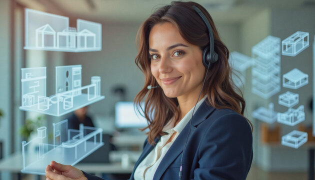 A portrait headshot photo of a friendly professional CEO executive business worker: A smiling young woman with long brown hair, wearing a headset and business attire, interacts with holographic a