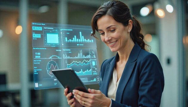 A portrait headshot photo of a friendly professional CEO executive business worker: A smiling businesswoman analyzes data on a tablet while standing in front of a holographic display showcasing c