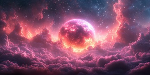 Vibrant pink and purple celestial landscape with a luminous moon emerging from clouds