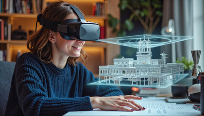 A portrait headshot photo of a friendly professional CEO executive business worker: A woman wearing a VR headset smiles while interacting with a holographic architectural model of a building disp