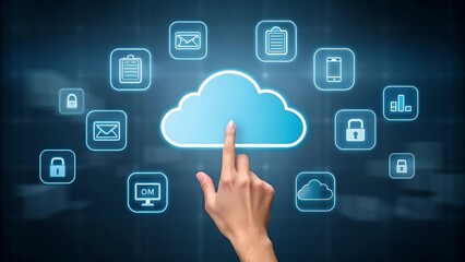 Cloud computing technology with hand touching cloud icon