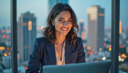 A portrait headshot photo of a friendly professional CEO executive business worker: A smiling businesswoman gazes confidently towards the viewer while working on a laptop in a modern office overl