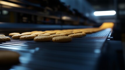 Obraz premium Belt with cookies on it. A conveyor is baking cookies on a conveyor belt. A conveyor belt of food in the confectionery industry. A conveyor belt lifestyle featuring cookies.