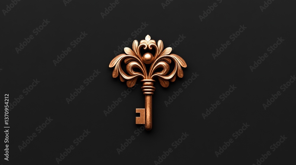 Poster ornate bronze key is displayed against a dark background with elaborate scrollwork and a central sph