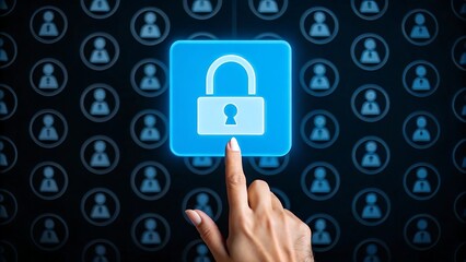 Data privacy and security concept: hand touching lock icon on digital screen