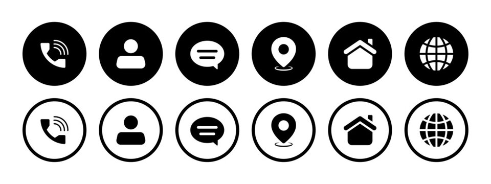 Visiting card or business card icon set in black and white color with phone, call, name, contact, location, place and website symbol. - Powered by Adobe