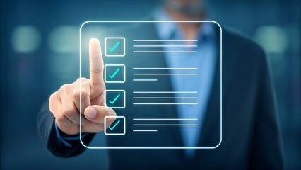 Businessman touching digital checklist with check marks on virtual screen, task management concept