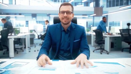 Smiling supply chain manager in modern office logistics center, professional operations executive overseeing inventory planning, distribution strategy, warehouse optimization, transportation managemen