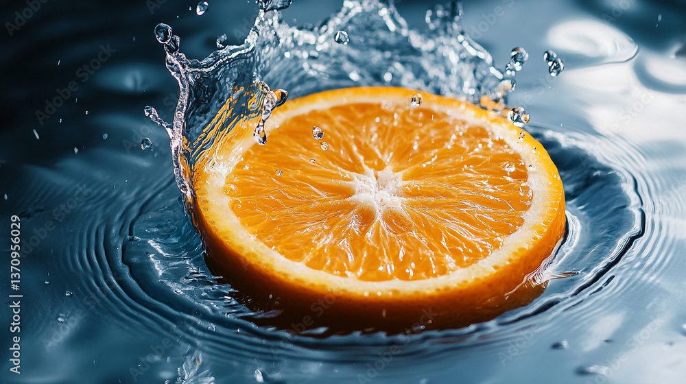 Poster orange slice splashing into water with ripples and droplets creating a refreshing scene image