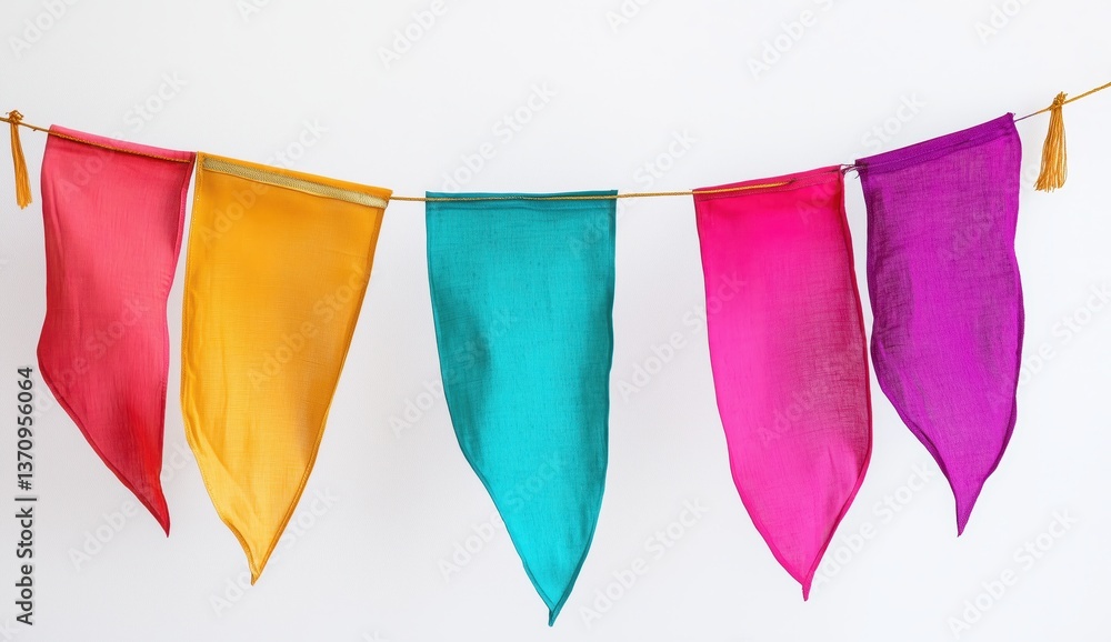 Poster festive banner display: vividly colored flags adorn a string, showcasing a spectrum of hues that bri