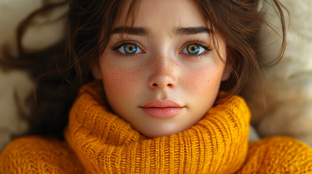 Young Woman in Yellow Sweater Expressing Doubt and Curiosity in 3D Cartoon Style on Light Background - Powered by Adobe