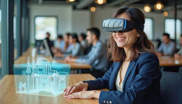 A portrait headshot photo of a friendly professional CEO executive business worker: A smiling Asian businesswoman wearing a VR headset interacts with a holographic architectural model while seate
