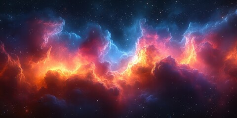 Naklejka premium Vibrant cosmic clouds glowing with fiery hues against a starry backdrop in deep space