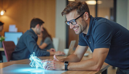 A portrait headshot photo of a friendly professional CEO executive business worker: A smiling man wearing glasses intently examines a glowing, wireframe-like projection emanating from a tablet, w