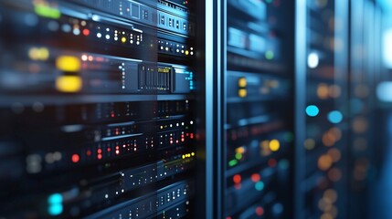 Data center servers with glowing lights. A data center rack with a nexus technological computer. It infrastructure hardware networking servers and hardware networking. Servers lifestyle in data.