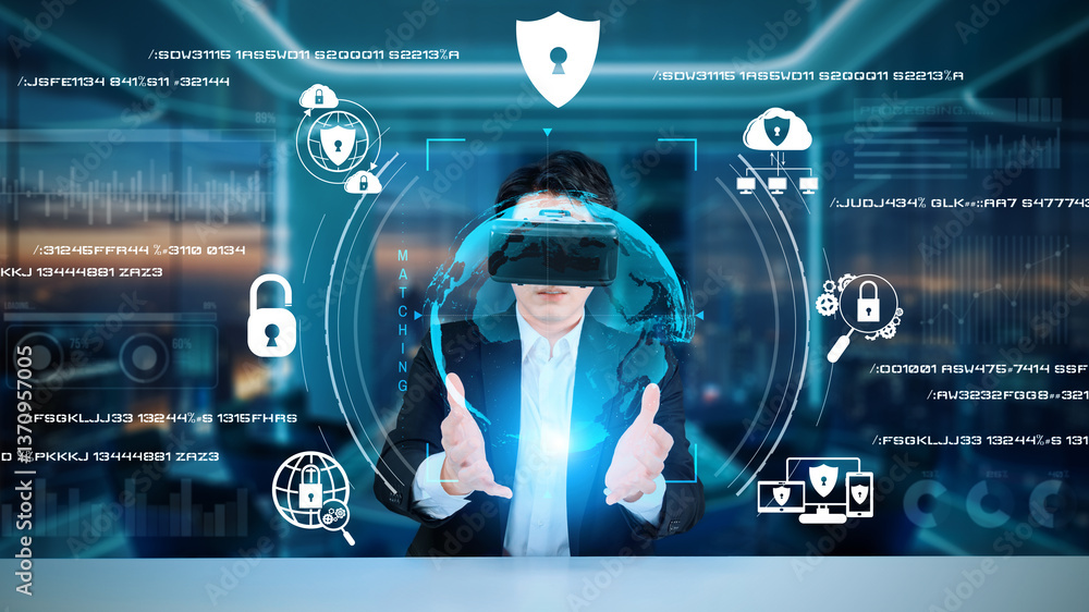 Poster smart business man with goggles working while using security protection. manager with formal suit ch