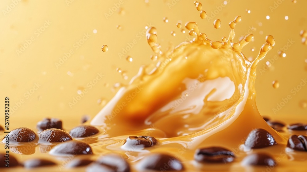 Aufkleber dynamic coffee splash with scattered beans on a light brown surface creating a vibrant and inviting 
