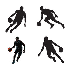 Basketball Player Silhouettes Dribbling, Shooting, and Basketball Action
