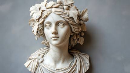 Elegant Ancient Roman Greek Marble Bust of Woman with Grape Leaves, Classical Sculpture Art, Historical Culture Concept
