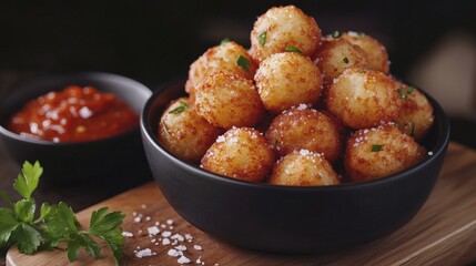 Crispy tater tots in a rustic bowl, ready to dip! Golden-brown perfection with fresh parsley and vibrant sauce