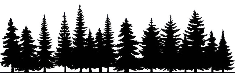 Obraz premium Silhouette of a dense forest with evergreen trees against a dark background in a simple illustration