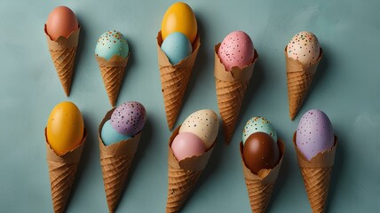 Flat lay Easter eggs in ice cream cone.