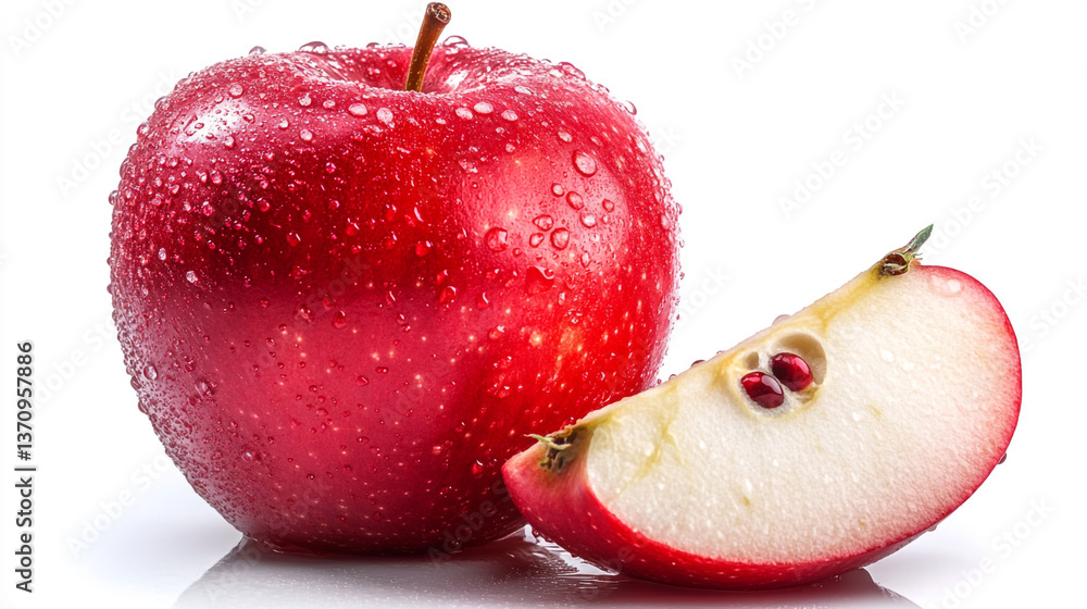 Poster a shiny red apple with water droplets and a slice of apple on a white surface in a studio shot
