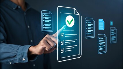 Digital checklist on virtual screen with hand