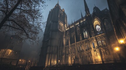 Fototapeta premium Gothic cathedral, night, fog, lights, tall.