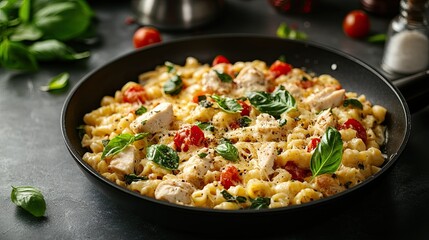 A delicious plate of pasta Alfredo with chicken, cheese, and basil is served in a frying pan on a table, capturing the essence of a savory, flavorful meal. 