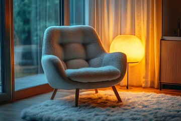 A quiet corner with a soft, cushioned chair and a fluffy rug, creating a perfect spot for relaxation and reflection. The area is softly lit, offering a peaceful retreat