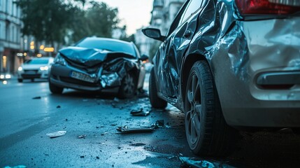 An accident scene with car that has been damaged. Car collides with a truck. Traffic rules on a damaged street. A crash site featuring a lifestyle damaged vehicle.