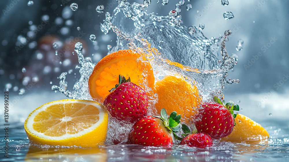 Poster assorted fruits with water splashing on them creating a refreshing and vibrant display of freshness